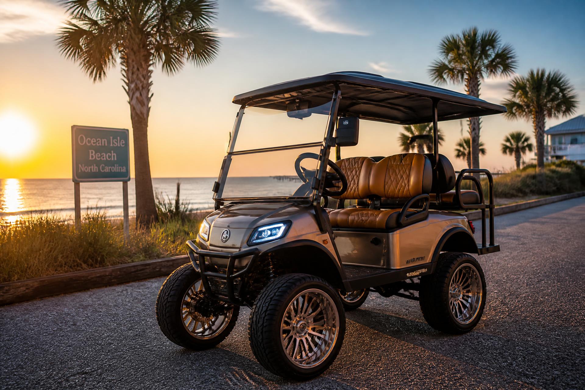 Golf cart cruising a beach road at sunset